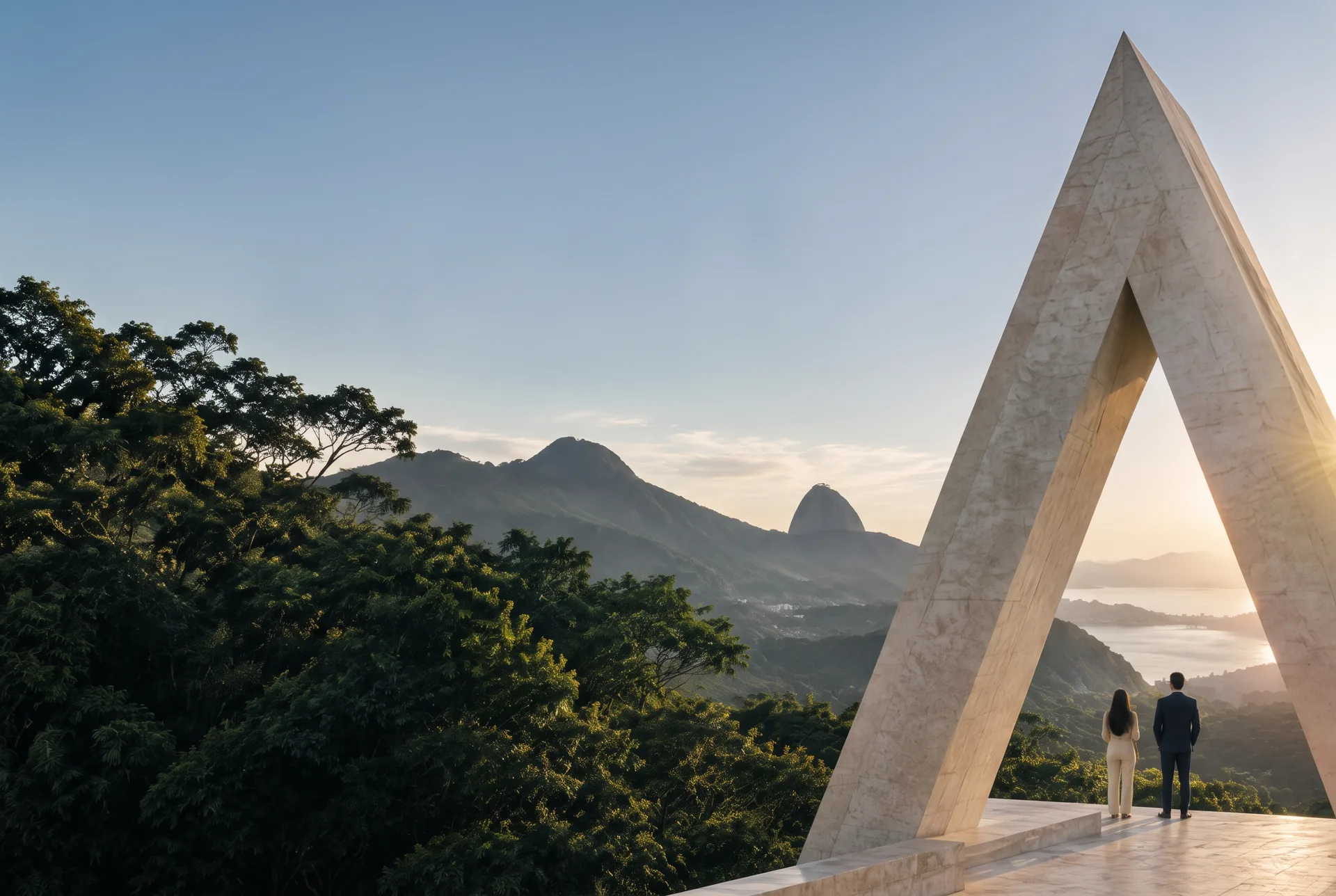 Portal triangular da Antévia diante da mata e das montanhas